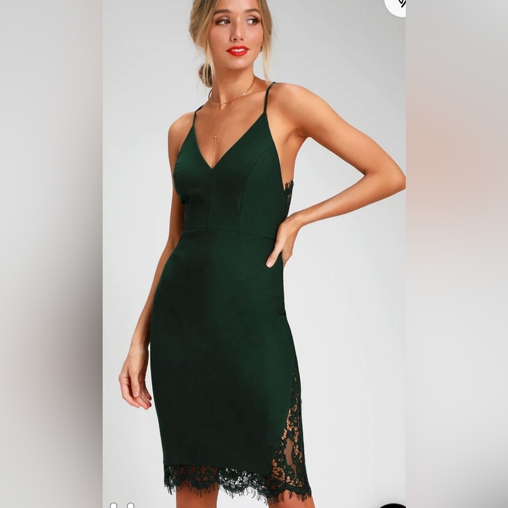 💚 Lulus Only Want You Forrest Green Lace Bodycon Midi Dress 💚